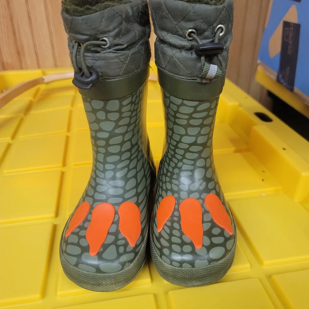 London Fog Kids Green Dinosaur Rain Boots Orange Spikes Size 7 Toddler‎